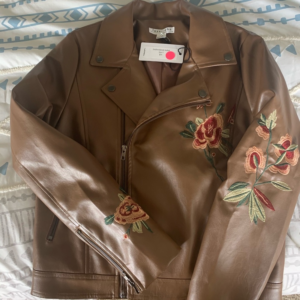 NWT Leather Jacket with Rose Embroidery